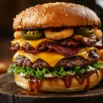 Cross-section of the Dan Campbell Burger with brisket, cheese, and jalapeños