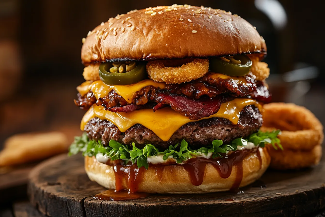 Cross-section of the Dan Campbell Burger with brisket, cheese, and jalapeños