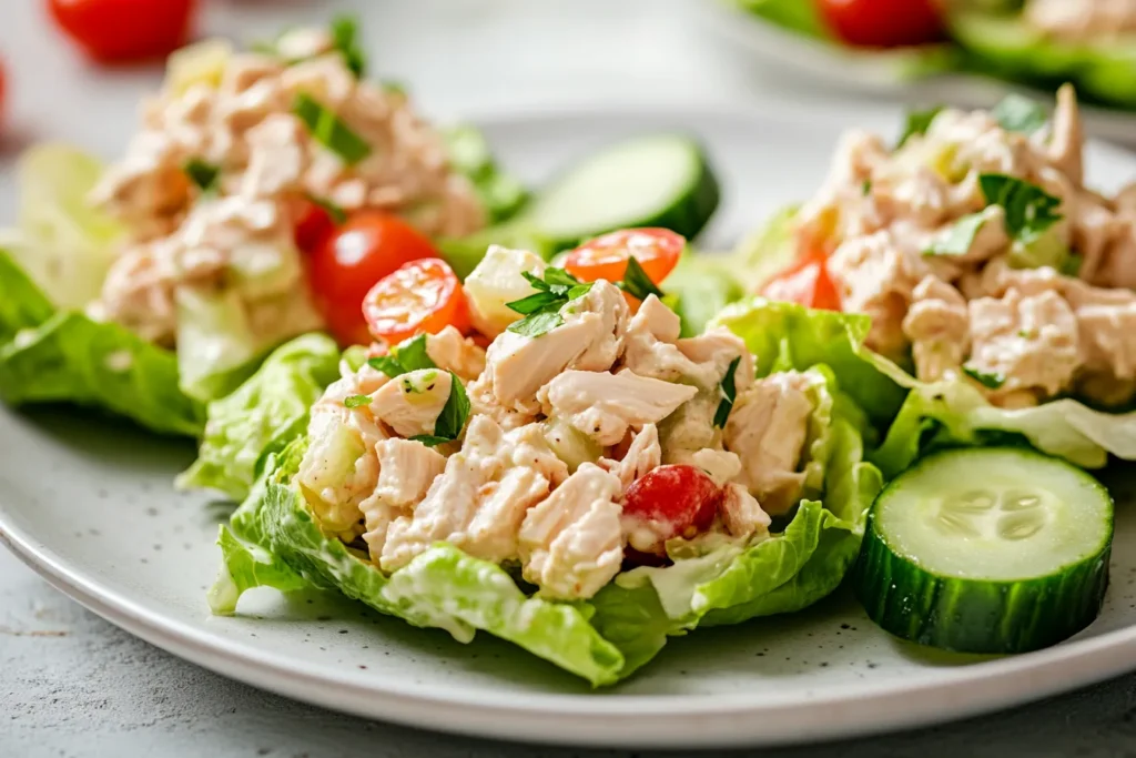 Lettuce wraps filled with chicken salad on a lunch plate