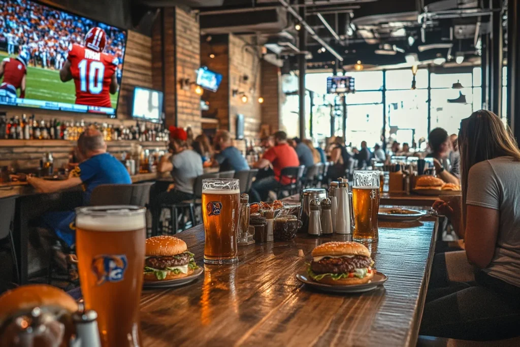 Fans watching a Detroit Lions game inside a packed local restaurant