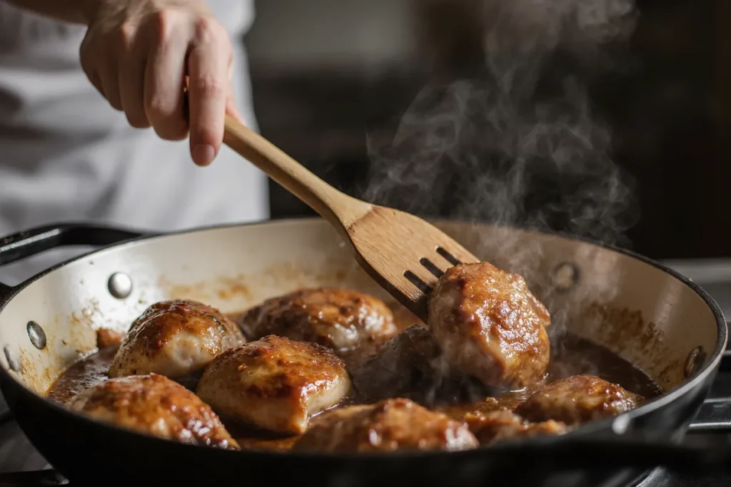 Cook adjusting glaze thickness in the pan