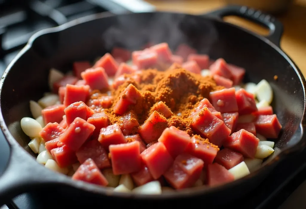 “Cooking ground beef and onions in a skillet for chili”