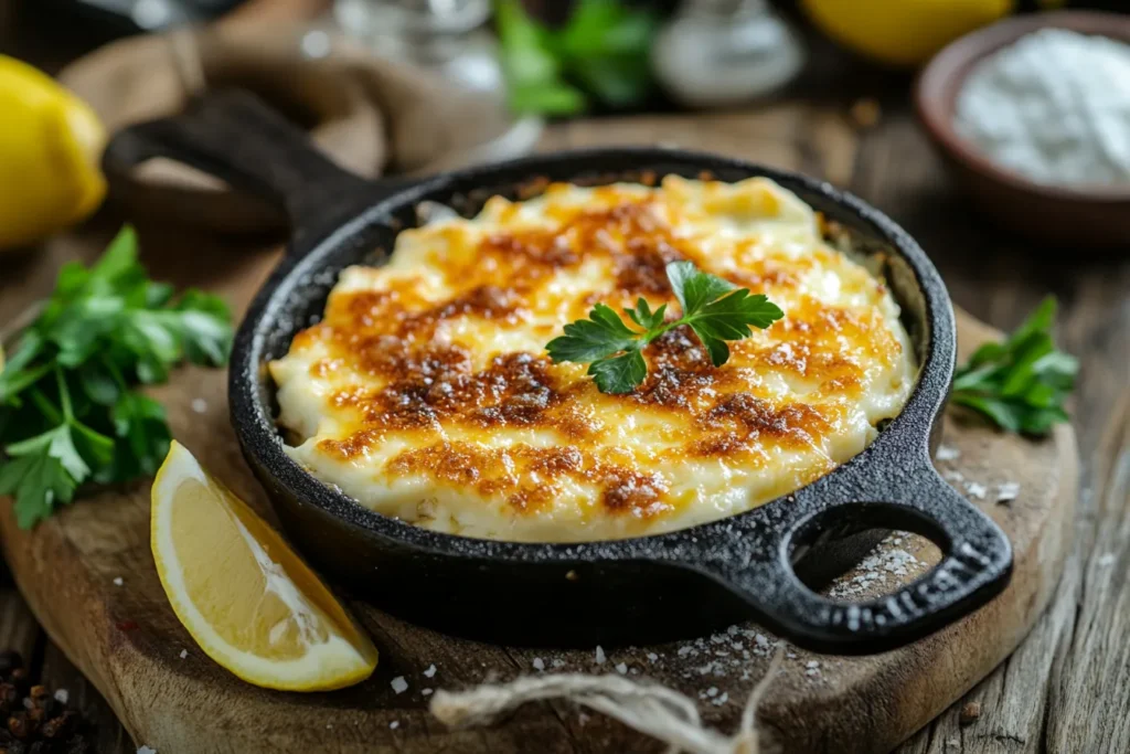 “Greek saganaki frying in pan with lemon”