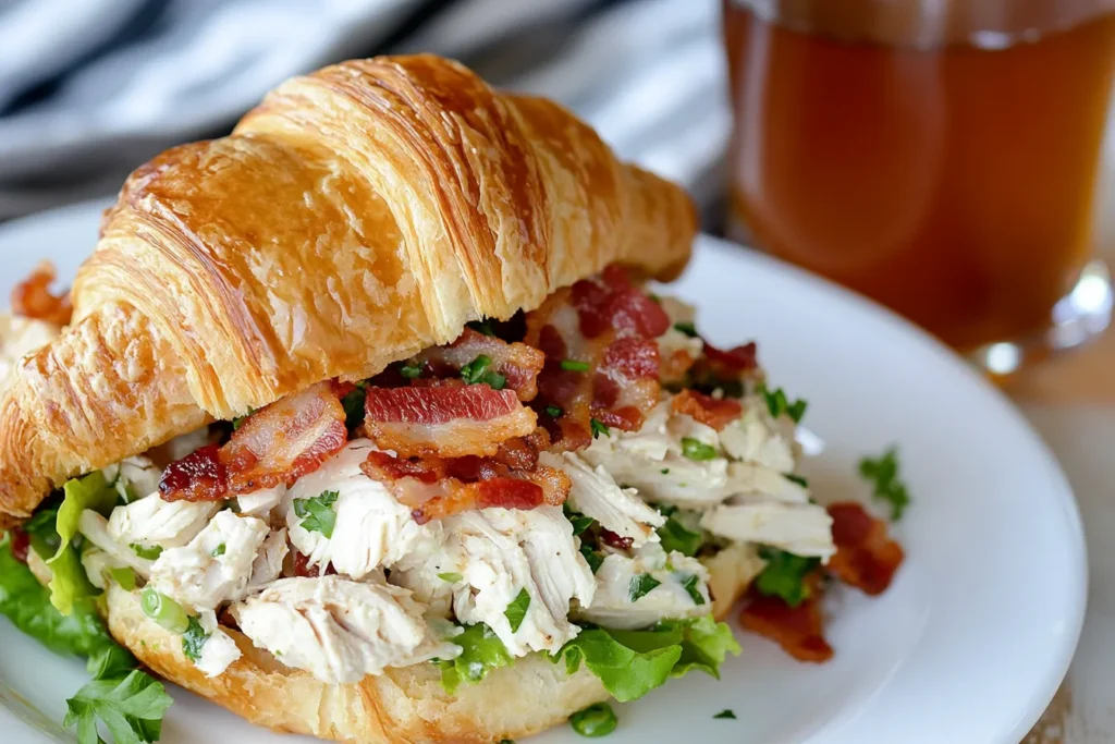 Close-up of a scoop of Sassy Scotty chicken salad on a croissant