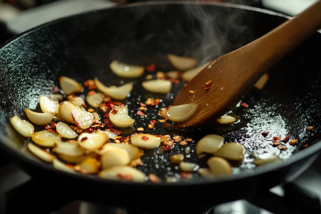 Garlic and chili being sautéed in olive oil in a pan