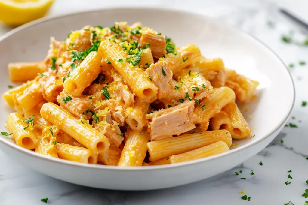 Tuna Genovese served with ziti pasta and lemon zest