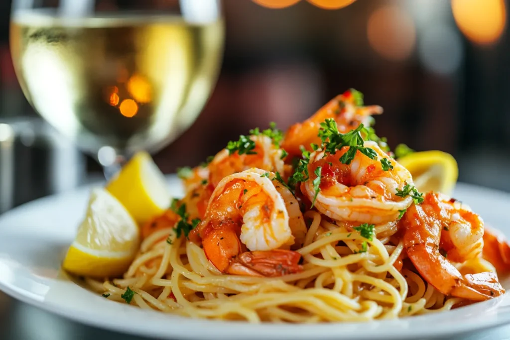 Shrimp fra diavolo served with spaghetti