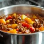 Cooking beef caldereta in a pot on a stovetop