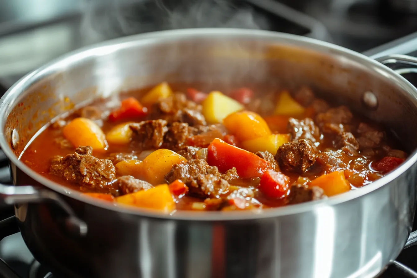 Cooking beef caldereta in a pot on a stovetop