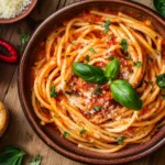 A bowl of diavolo sauce with pasta and red chili garnish