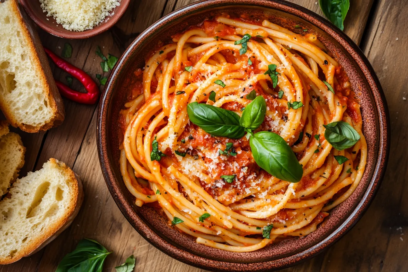 A bowl of diavolo sauce with pasta and red chili garnish