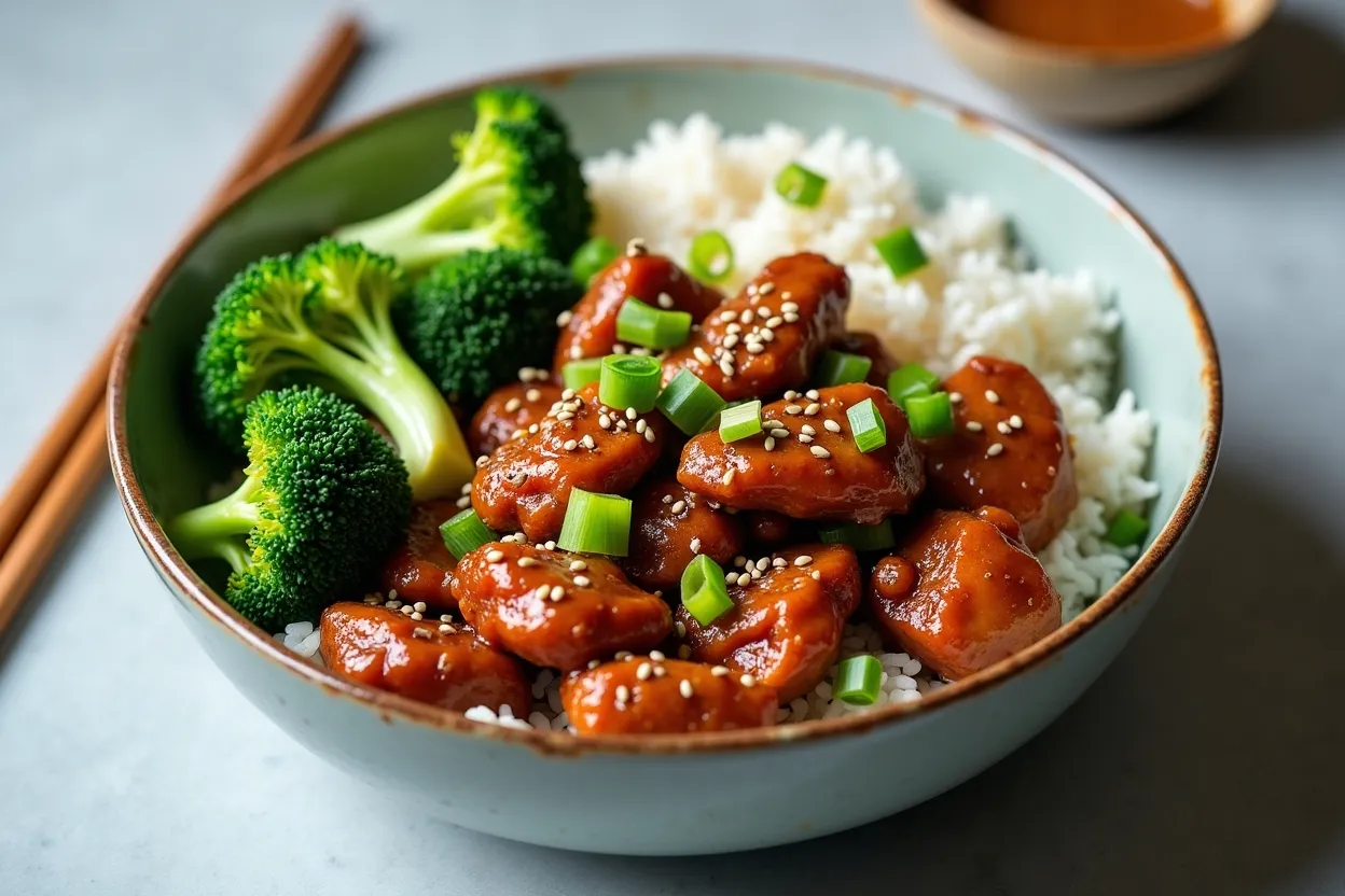 Sticky chicken served with broccoli and rice in a bowl