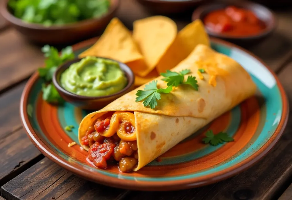 “Chili cheese burrito served with chips, guac, and salsa”