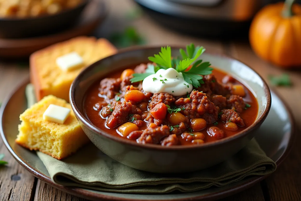 A bowl of instant pot ground beef chili served with cornbread