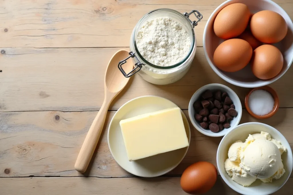 Ingredients for making cookie cake ice cream on a kitchen counter