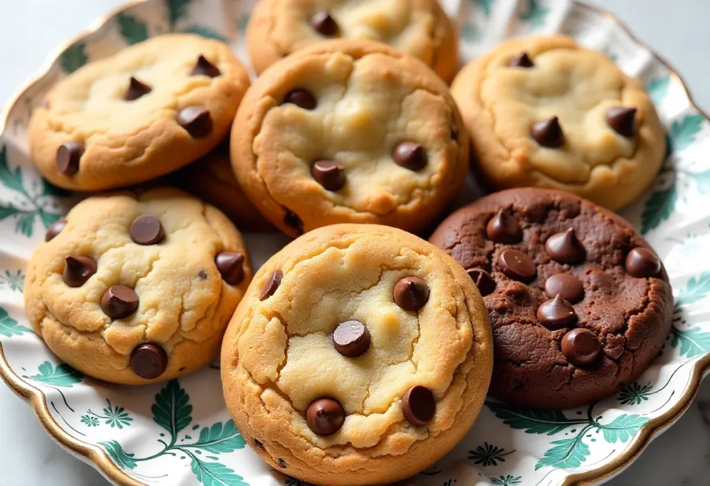 Different styles of chocolate chip cookies on a platter