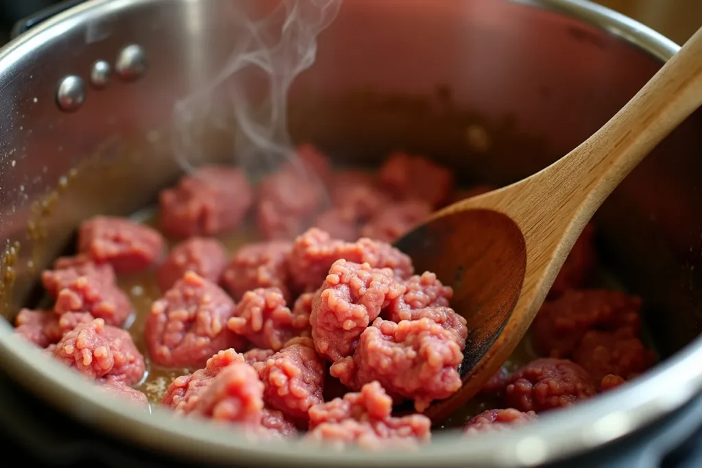 Ground beef browning inside an Instant Pot on sauté mode