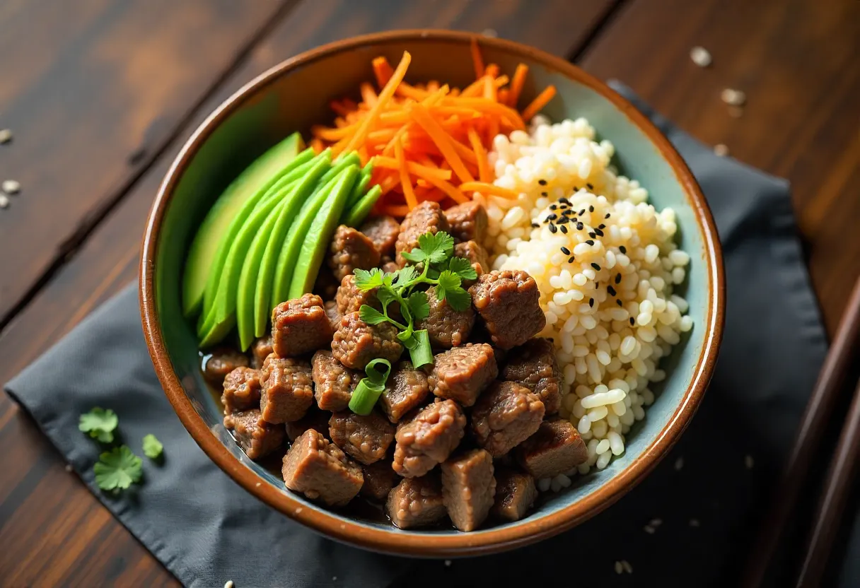 A colorful, balanced ground beef bowl with rice, veggies, and toppings