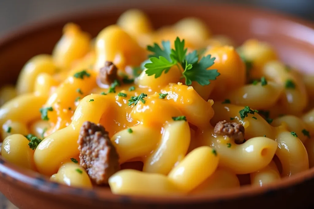 Instant Pot mac and cheese with ground beef in a serving bowl