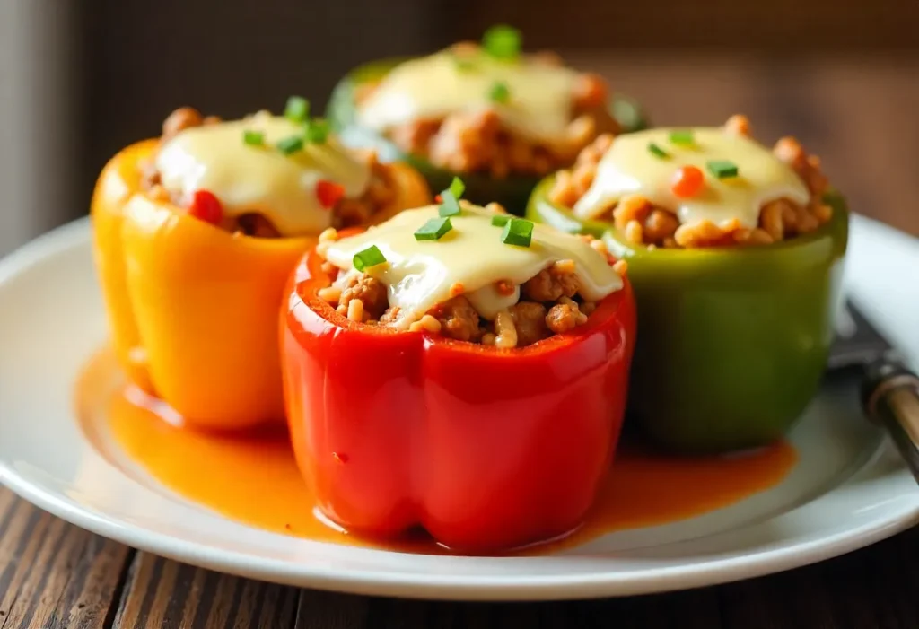 Stuffed bell peppers filled with ground beef and rice cooked in an Instant Pot