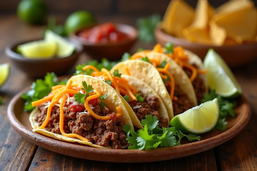 Instant Pot ground beef tacos with cheese, lettuce, and salsa