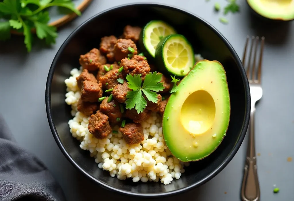 Ground beef bowl with cauliflower rice and avocado