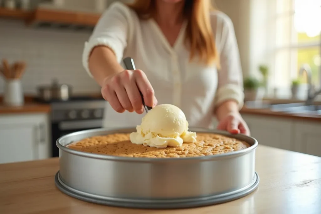 Cookie cake ice cream being assembled in a springform pan