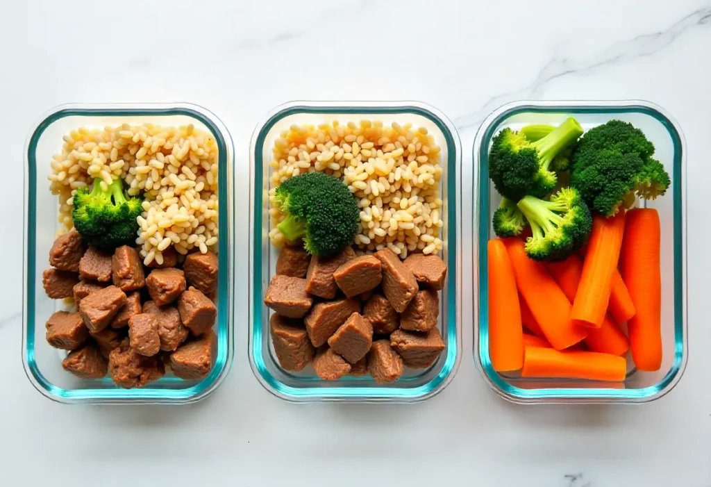Healthy meal prep containers with beef, brown rice, and veggies