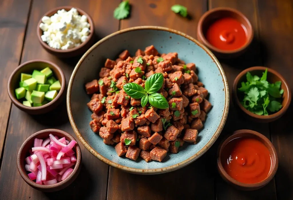 Various toppings in small bowls surrounding a beef bowl